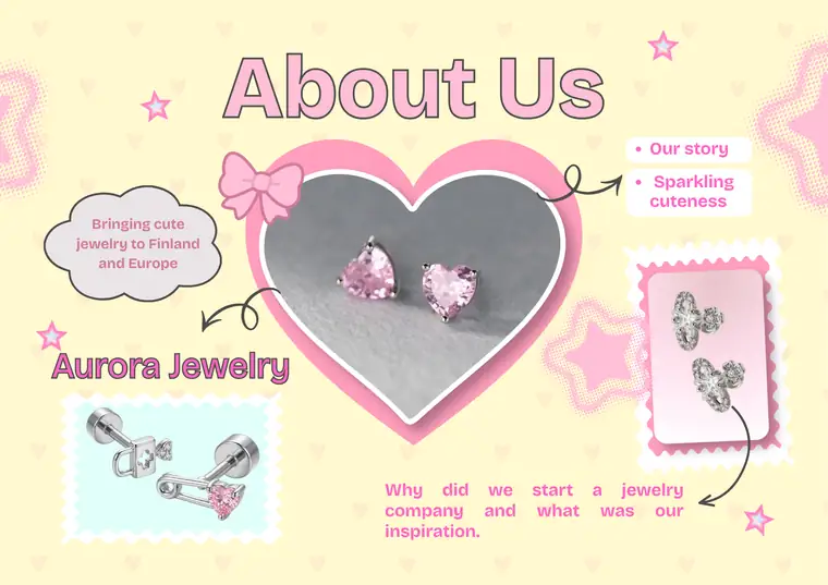 Aurora Jewelry – About Us: pinkit sydänkorvakorut ja teräskorvakorut söpössä kollaasissa